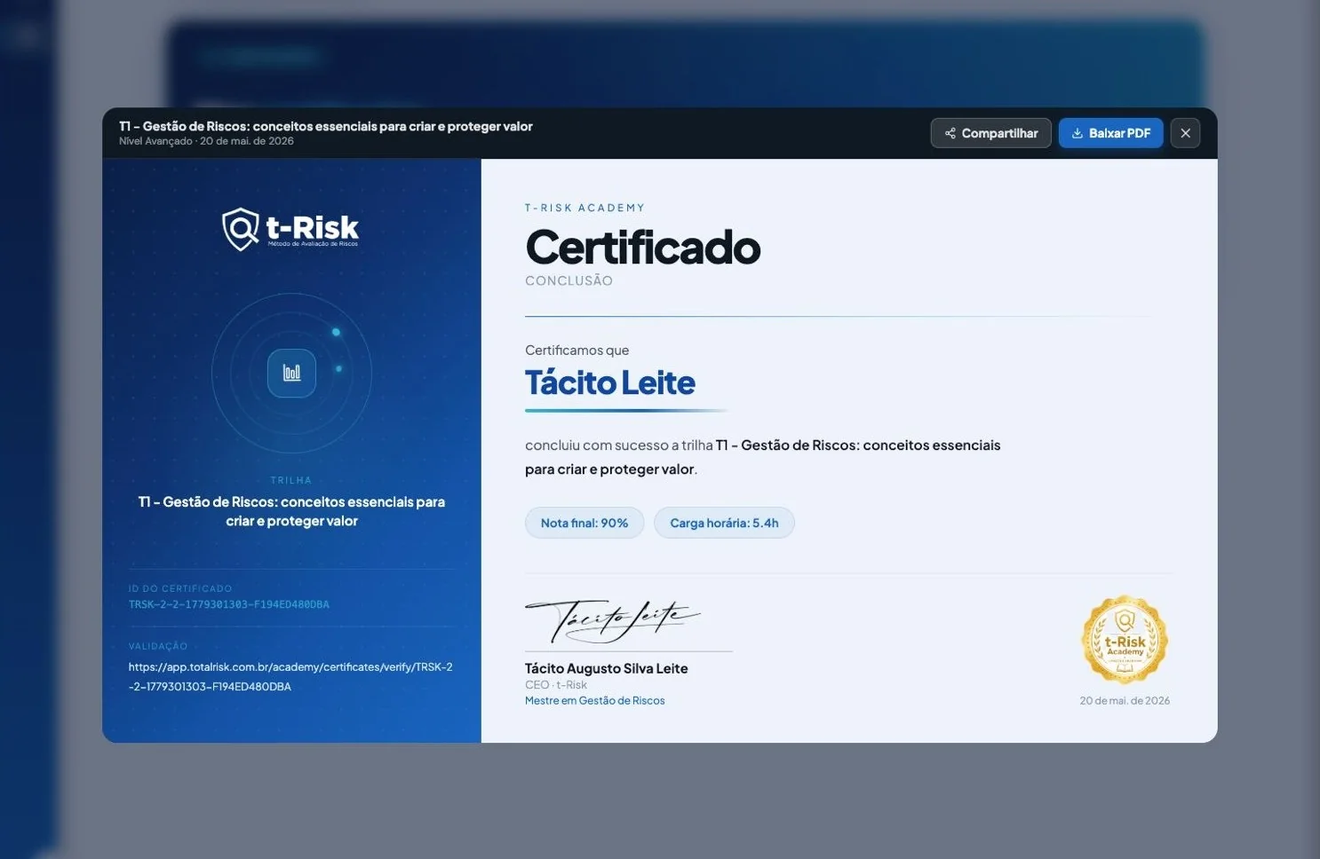 Certificado digital emitido pela t-Risk Academy