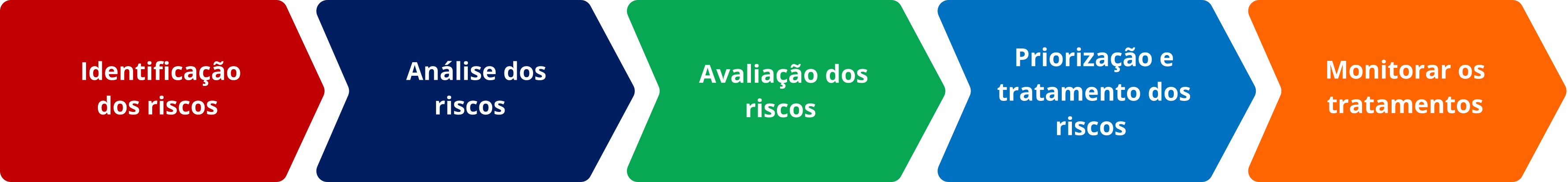 Fluxo das etapas de gestão de riscos em cinco setas coloridas: Identificação dos riscos, Análise dos riscos, Avaliação dos riscos, Priorização e tratamento dos riscos e Monitorar os tratamentos.